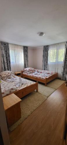 a bedroom with two beds and two windows at Casa Răzvan in Arieşeni