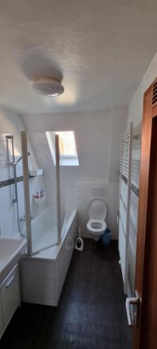 a white bathroom with a toilet and a sink at Stadtmitte Kitzingen in Kitzingen