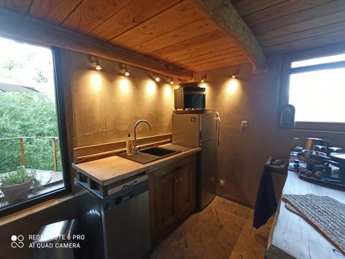 a small kitchen with a sink and a refrigerator at Gîte au calme 