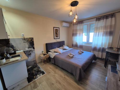 a bedroom with a bed and a sink in it at Grey Apartments Zaječar in Zaječar