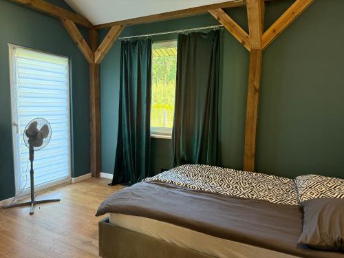 a bedroom with a bed with green walls and a window at Chill and Grill Apartments in Wola Smolana
