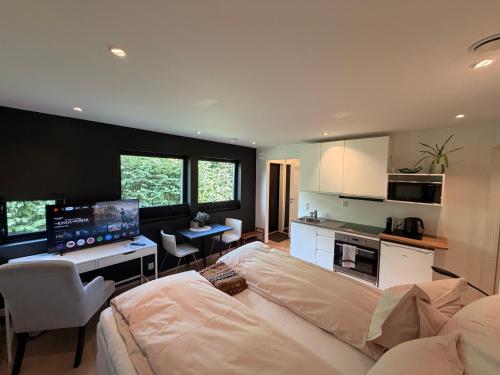 a living room with a large bed and a kitchen at Guest rooms, ved Lillestrøm in Lillestrøm