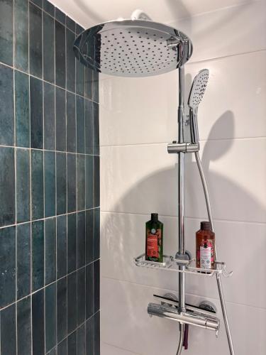a shower with a shower head in a bathroom at Cozy & air-conditioned studio in Vannes