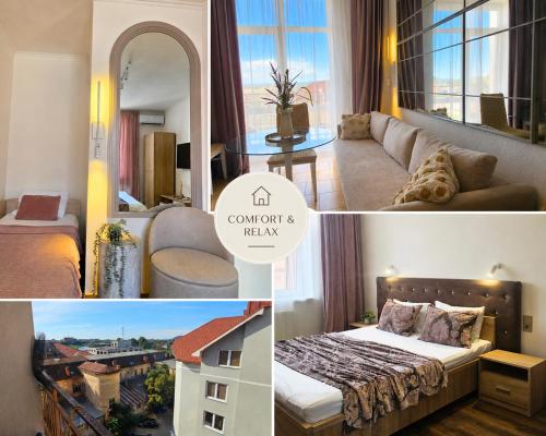 a collage of photos of a hotel room at Central City Balcony Apartments in Mukacheve