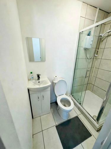 a bathroom with a toilet and a shower and a sink at Chadwell Heath Rooms in Goodmayes