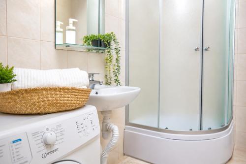 a bathroom with a sink and a washing machine at Central City Balcony Apartments in Mukacheve