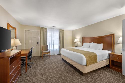 a hotel room with a large bed and a desk at Best Western Swiss Clock Inn in Pecos