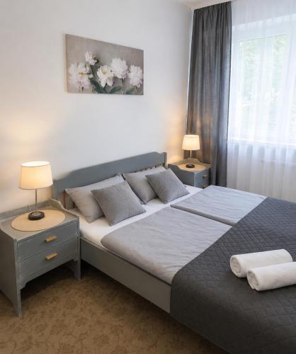 ein Schlafzimmer mit einem Bett, zwei Lampen und einem Fenster in der Unterkunft AGAT Karpacz in Karpacz