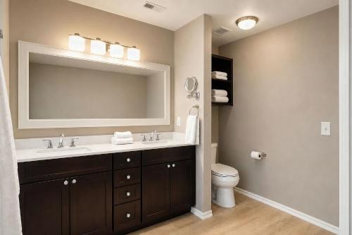a bathroom with a sink and a mirror and a toilet at Jackson Pines Getaway in Jackson