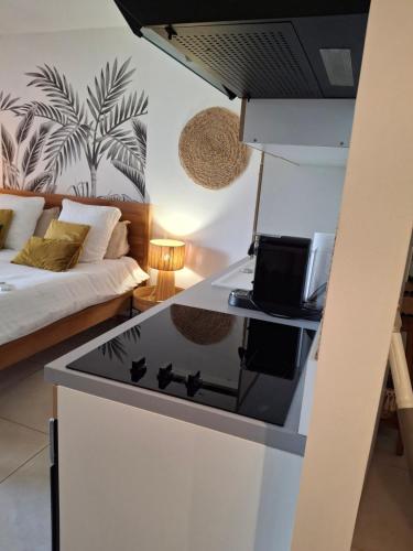 a kitchen with a stove and a couch in a room at Kalista - Studio Luxueux - Anse Marcel in Saint Martin