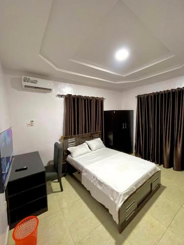 a bedroom with a bed and a desk and a television at Elected Apartments in Iseri-Oke