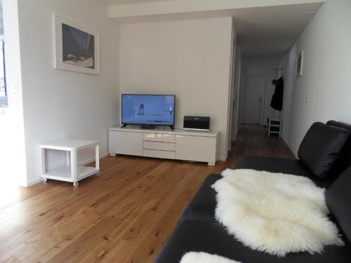 a living room with a couch and a flat screen tv at Silverpeak in Wengen