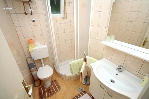 a bathroom with a shower and a toilet and a sink at Family-friendly apartments with swimming pool Banjol, Rab - 5007 in Rab