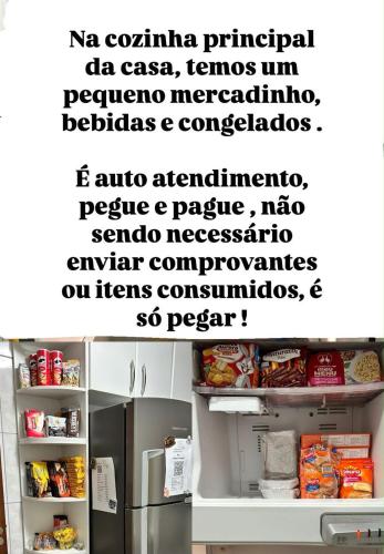 a collage of photos of an open refrigerator at Casa do Loro Hospedagem in Curitiba