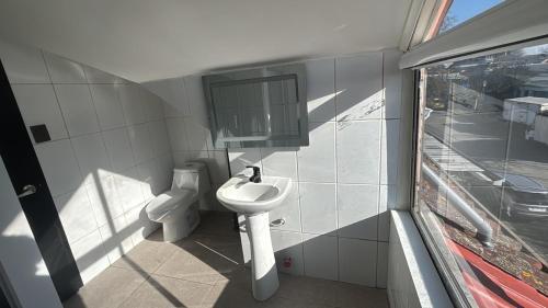 a small bathroom with a sink and a toilet at Raiza Hotel in Concepción