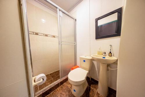 a bathroom with a shower and a toilet and a sink at Hotel Casa Rosario in Circasia
