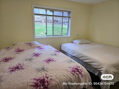 two beds in a room with a window at Hammond bay planta house in Nanaimo