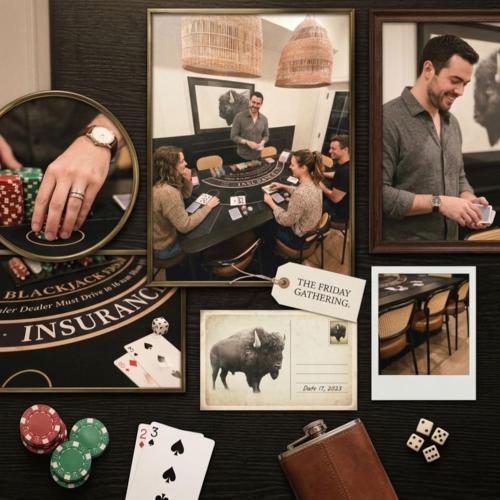 a collage of pictures of people playing poker at Luxe Chicago Retreat Game Room, Deck Fire Pit in Chicago