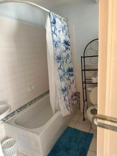a bathroom with a bath tub and a toilet at A World Away in Montego Bay