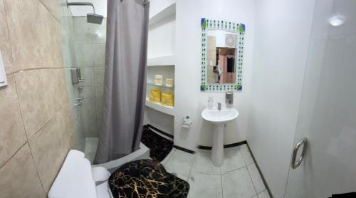 a bathroom with a shower and a toilet and a sink at Gold House Premium in Hacienda Mera