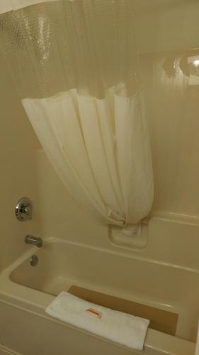 a white bath tub with a shower curtain on it at Baymont by Wyndham Helen in Helen