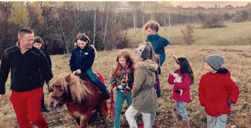 a group of children standing around a pony in a field at Pensiunea Grădina Ascunsa in Bughea de Jos