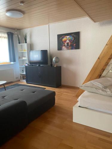 a living room with a bed and a television at Ferienwohnung am Möhntal in Heidenheim an der Brenz
