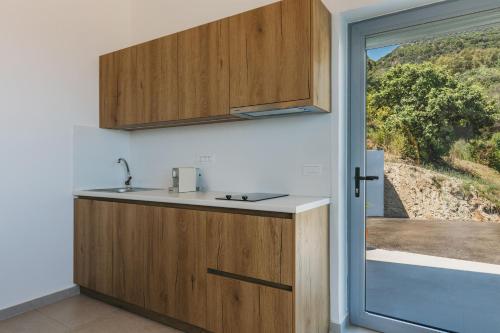 a kitchen with a sink and a sliding glass door at Zante Fiore Suites in Xirokástellon