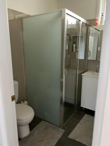 a bathroom with a toilet and a glass shower at Large bedroom 2 King Single beds Centrally located in Jesmond