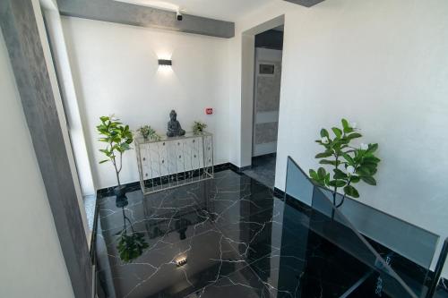 Ein Flur mit Topfpflanzen und einem Glasboden in der Unterkunft Simedo Boutique Hotel in Mamaia