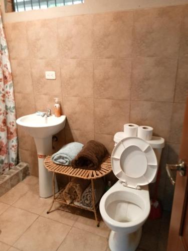 a bathroom with a toilet and a sink at Casa del Río, Vilcabamba in Loja