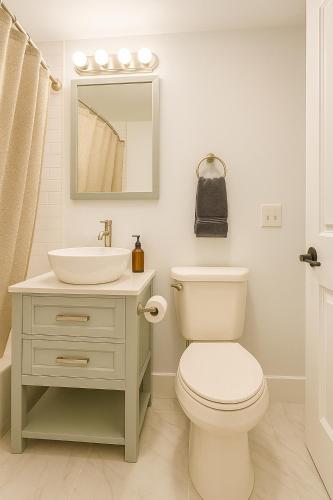 a bathroom with a white toilet and a sink at Charming 1-Bed Apt WiFi, Fully Equipped Kitchen in Rochester
