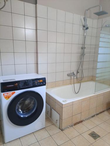 a washing machine in a bathroom with a shower at Nova Ledeza NL in Igoumenitsa