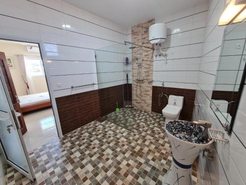 a bathroom with a shower and a toilet in it at BazarBe Appartment in Nosy Be
