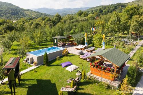 an aerial view of a house with a swimming pool at Hanul Doctorului Badeni-Runcu in Runcu