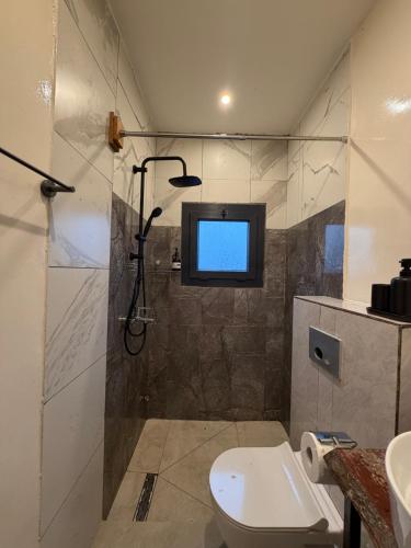 a bathroom with a toilet and a tv on the wall at KameronStudio in Yaoundé