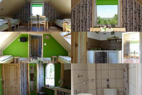 a collage of photos of a room with green walls at Wieża Na Górce in Kunów