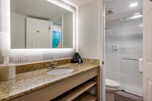 a bathroom with a sink and a toilet and a mirror at Dolphin Sands Clearwater Beach, an Ascend Collection Hotel in Clearwater Beach