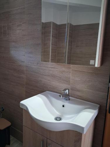 a bathroom with a white sink and a mirror at Makri Guest House in Livanates