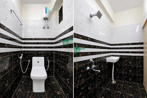 two pictures of a bathroom with black and white tiles at Hotel O Madurawada Formerly IT Sez in Visakhapatnam