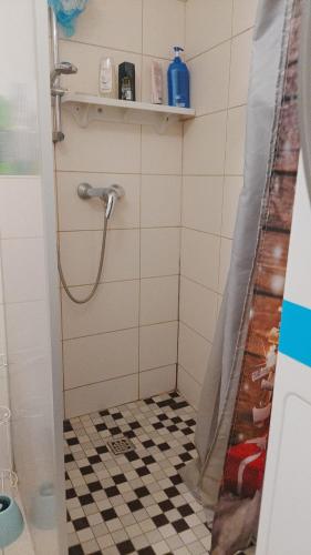 a shower in a bathroom with a checkered floor at Cozy Apartment Koblenz in Koblenz