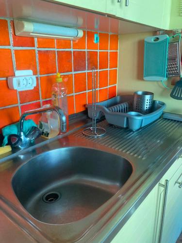 a kitchen sink with a dishrack on top of it at Mountain Studio in La Tzoumaz