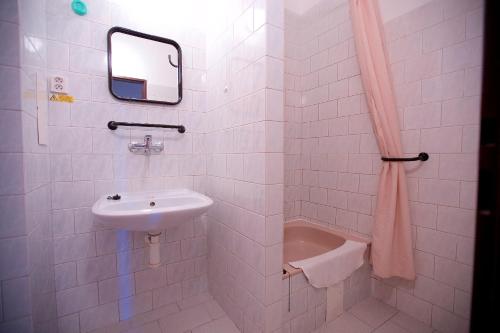 een witte badkamer met een wastafel en een spiegel bij Hotel Olga in Praag