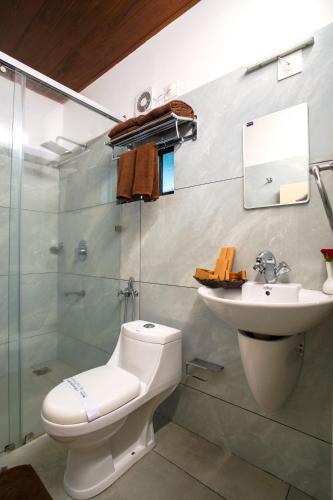 a bathroom with a toilet and a sink at Soma Seven Springs Resort in Munnar