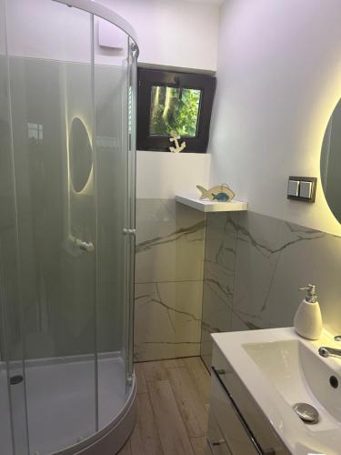 a bathroom with a shower and a sink at Domki Marylkowo in Rusinowo