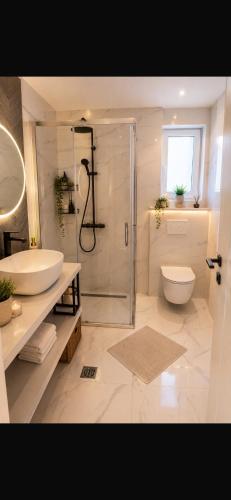 a bathroom with a shower and a toilet and a sink at Mare Nostrum Suite in Vir
