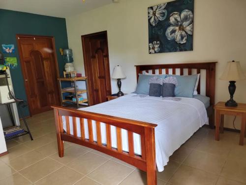 a bedroom with a large bed with blue pillows at Los Mangoes in Hopkins