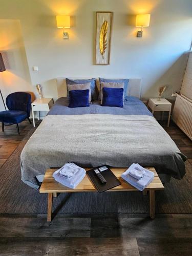 a bedroom with a large bed with blue pillows at B&B de Rekkendonken in Liempde