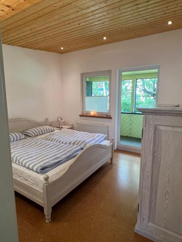 a bedroom with a bed and two windows at Kleines grünes Gästehaus in Altenbeken