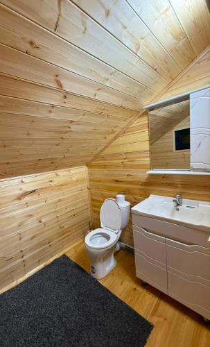 a wooden bathroom with a toilet and a sink at Adam in Chon-Sary-Oy